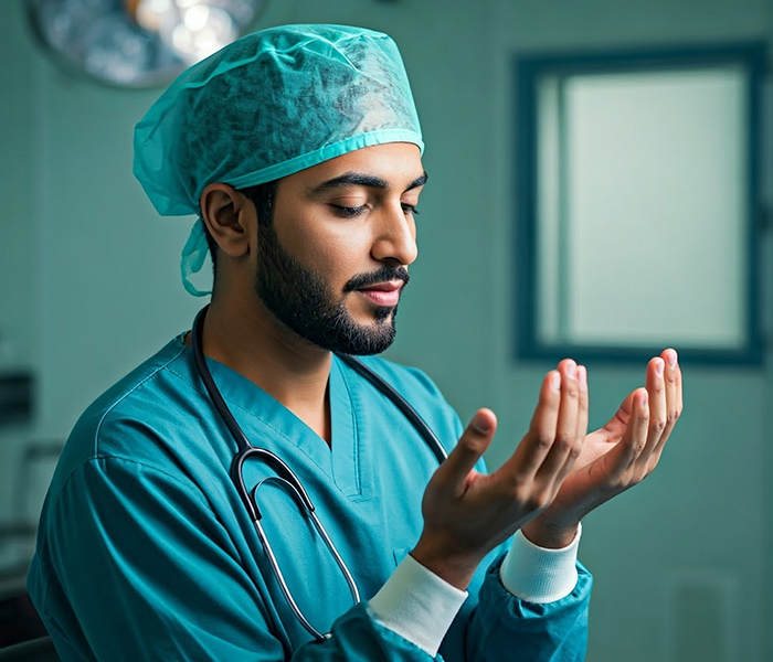 طبيب يرتدي الزي الطبي يؤدي الدعاء بهدوء قبل إجراء عملية جراحية 